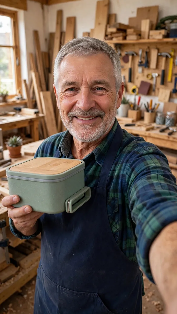 3. Muse Edit: he holds the lunchbox — A woodworker’s lunchbox ad