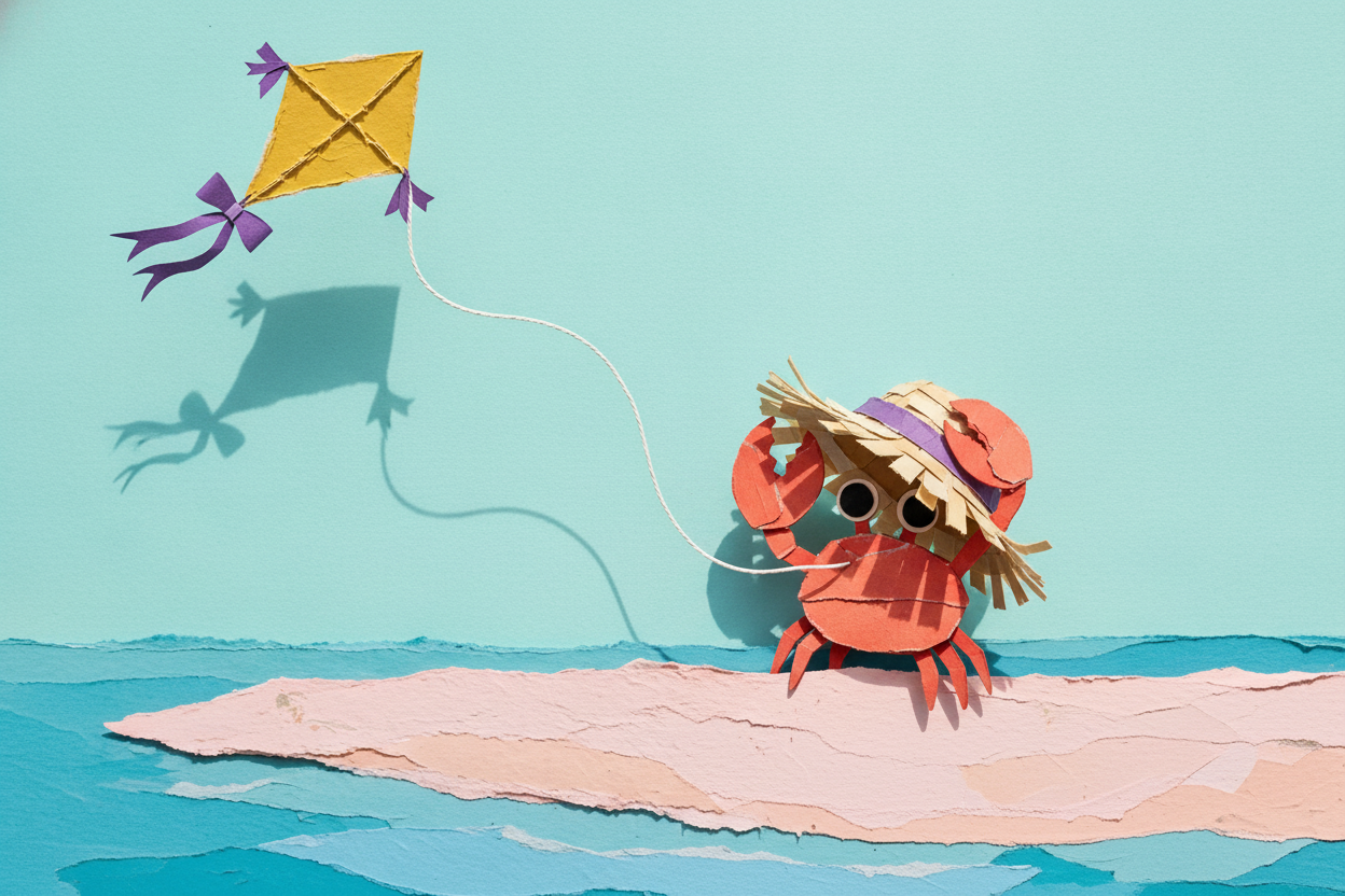 2. Nano Banana: the flying-kite draft — A crab catches the wind