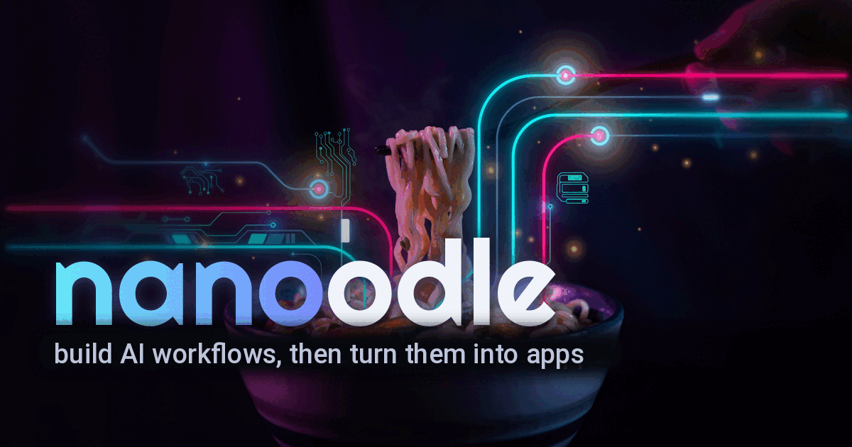 Des nouilles néon s’élevant d’un bol de ramen vers des câbles de workflow lumineux, avec le logo nanoodle