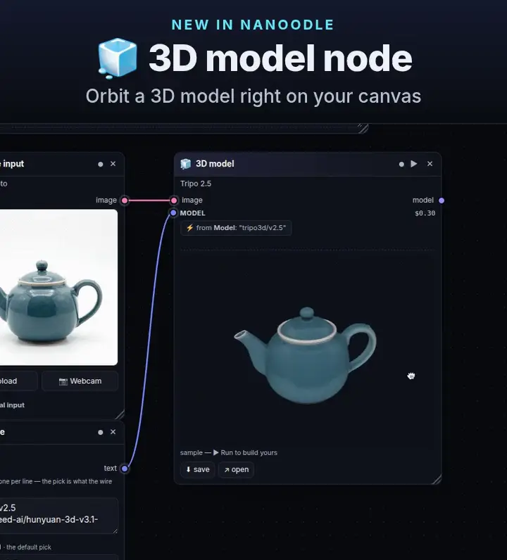 Usage clip: New 🧊 3D model node — NanoGPT's 3D models (default Tripo 2.5), drop or upload a .glb, 3D wires, a lazy orbit viewer, and a Teapot → Tripo teaching example you can spin.